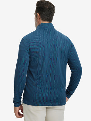 Back upper view of model wearing jacquard quarter zip pullover in navy/blue, showing clean seam lines.