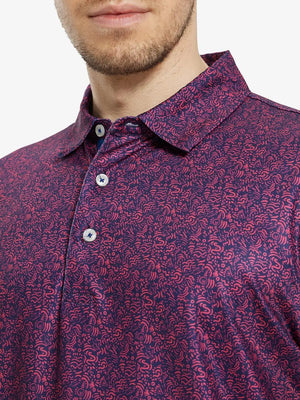 MAELREG Men's Performance Jersey Print Polo – Front chest view in Navy Rose Abstract