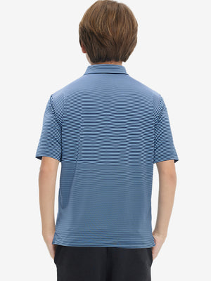 Back upper body of Kids stripe golf polos with clean lines and blue denim stripe tone
