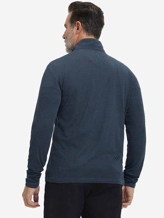 Back upper view of model wearing jacquard quarter zip pullover in grey/navy, showing clean seam lines.