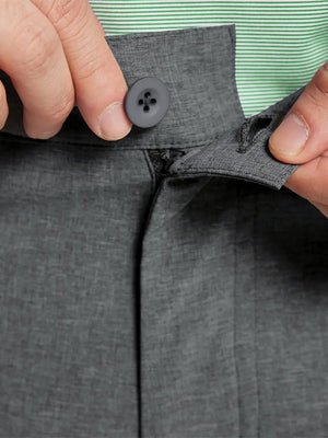 DARK GREY 9 Inch Heather Performance Golf Shorts close-up of waistband and button detail