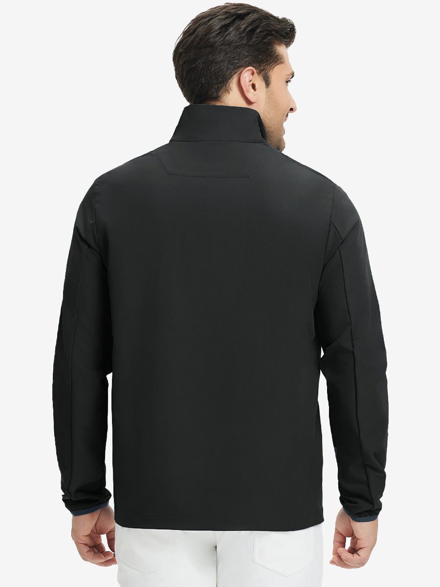 Back upper body view of the black mock neck golf pullover, model turns head for relaxed pose.