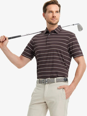 Model in BROWN STRIPE Golf Polo holding club — dynamic front half-body pose