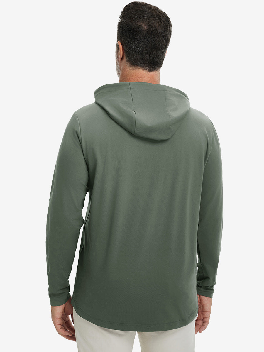 Back upper body view of the dry fit stretchy hoodie in olive green, simple cut and relaxed posture.