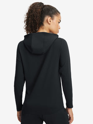 Back upper view of model in women's lightweight hoodies pullover, showing relaxed fit in black.