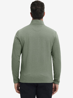 Back upper view of casual fleece lined quarter zip pullover in green, showing fit and seams.