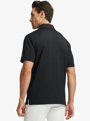 Back half-body view of model in BLACK Stylish Chest Print Snap Polo