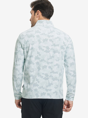 Back upper body of Full print lightweight quarter zip pullover with smooth light grey camo finish