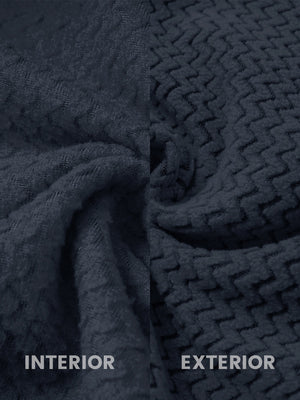 Close-up of the inner and outer fabric of full zip fleece hoodied jacket in navy, showing exture and finish