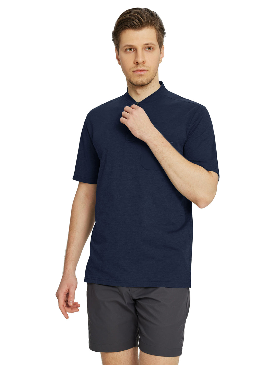 Men's Collarless Pocket Henley Golf Shirts-Navy