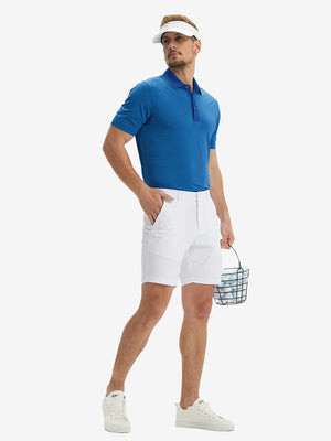 Full front: model in cobalt stripe upgraded two-tone striped quick dry polo shirt holding golf ball.