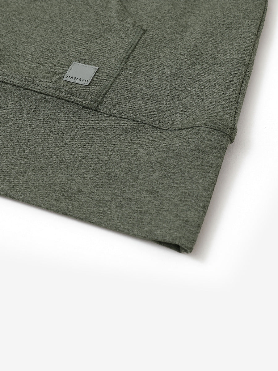 Hemline detail of the Quarter Zip Hoodie in Olive Green Heather, showing neat edges and fine craftsmanship.