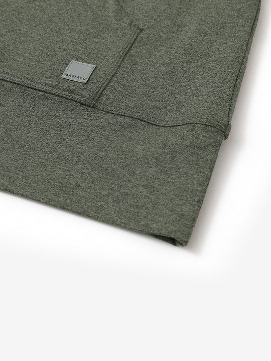 Hemline detail of the Quarter Zip Hoodie in Olive Green Heather, showing neat edges and fine craftsmanship.