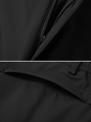 Zipper detail shot of black thermal water repellent fleece dress pants