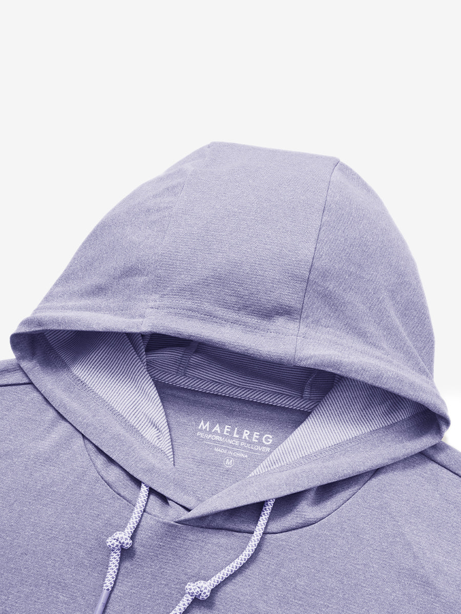 Hood detail of the classic heather pullover hoodie in light purple melange, showcasing fabric and stitching.