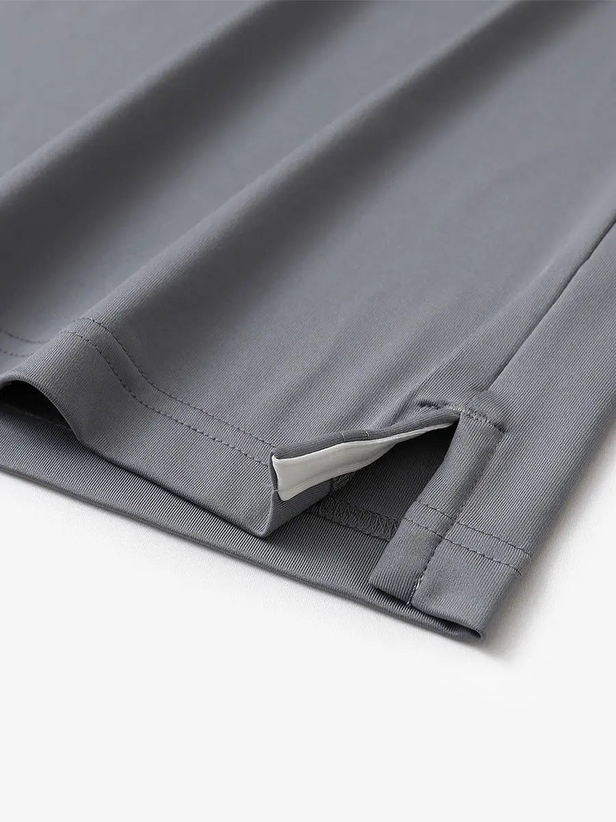 Close-up of side slit detail on LIGHT GREY Chest Print Polo Shirts