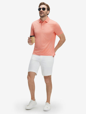 Full-body shot of model in orange red grid ultra-light quick dry moisture wicking collared polo shirt