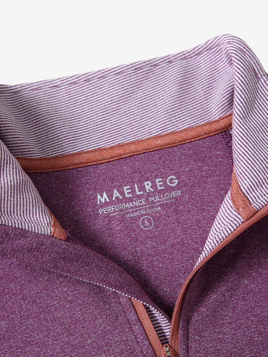 Collar detail close-up of DARK PURPLE MELANGE Moisture Wicking Quarter Zip Pullover showing open design.