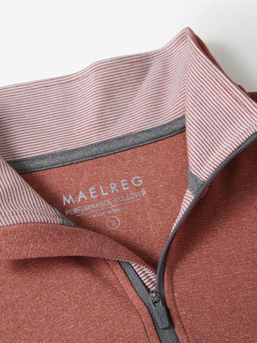 Collar detail close-up of BRICK MELANGE Moisture Wicking Quarter Zip Pullover showing open design.
