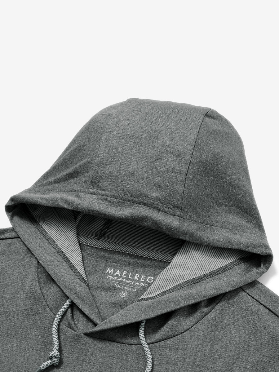Hood detail of the classic heather pullover hoodie in grey melange, showcasing fabric and stitching.