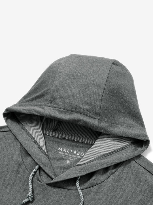 Hood detail of the classic heather pullover hoodie in grey melange, showcasing fabric and stitching.