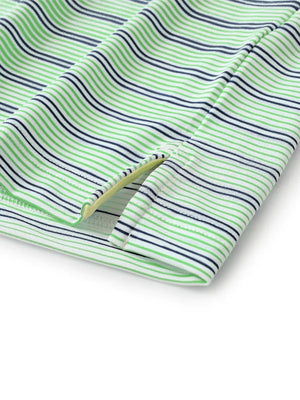 Close-up of side hem slit on Fruit Green Navy Stripe Performance Stripe Golf Shirt