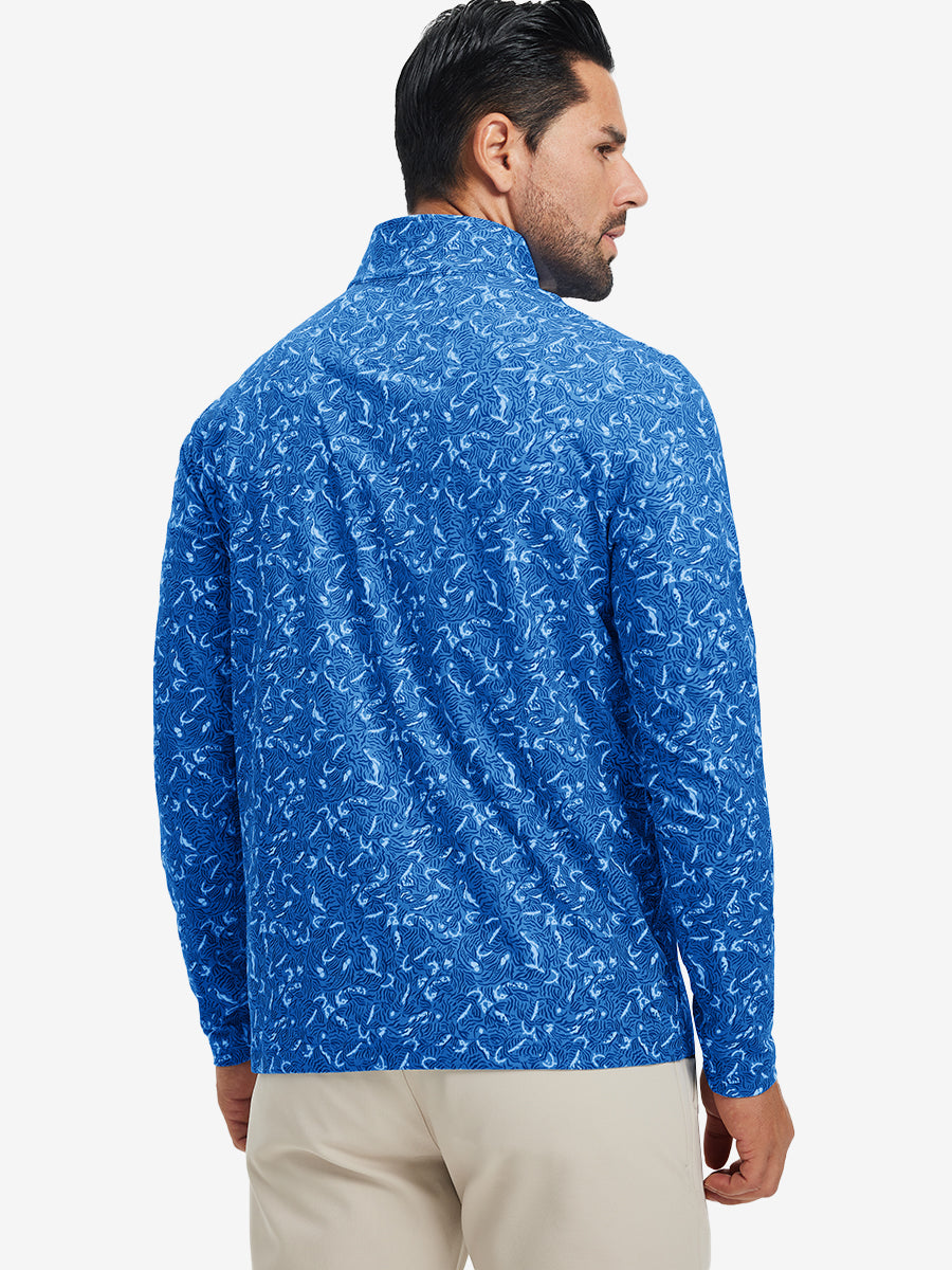 Back upper body angle of the line animal full print quarter zip pullover, model turns head slightly.