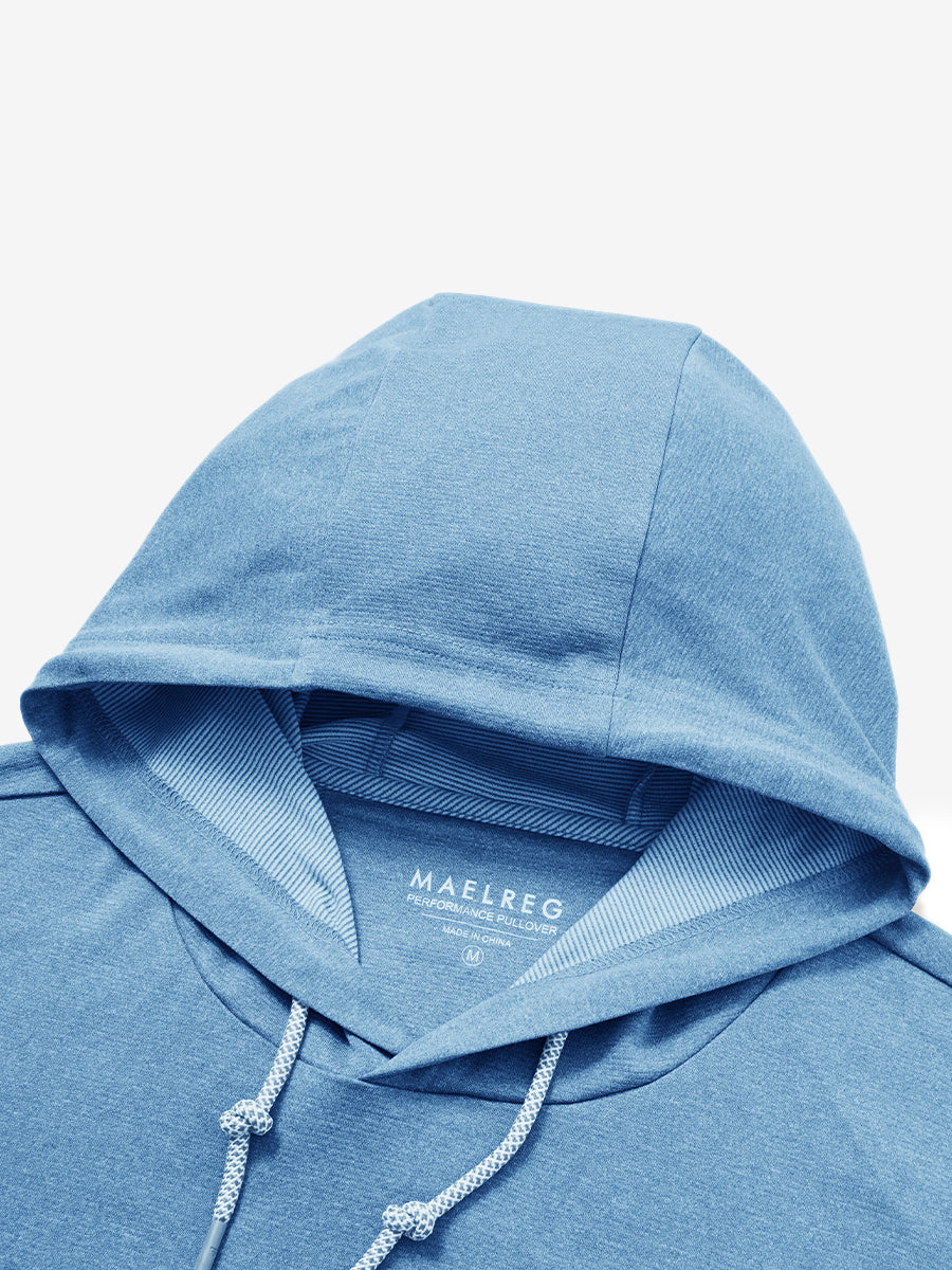 Hood detail of the classic heather pullover hoodie in light blue melange, showcasing fabric and stitching.