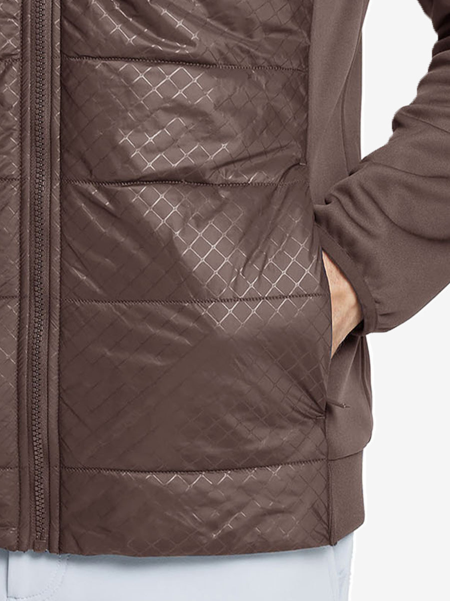 Hand in single pocket detail of the Dark Brown Golf Fleece Winter Jacket, soft thermal material.