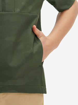 Detail shot of pocket on military green water-resistant short sleeve q-zip hoodie for boys