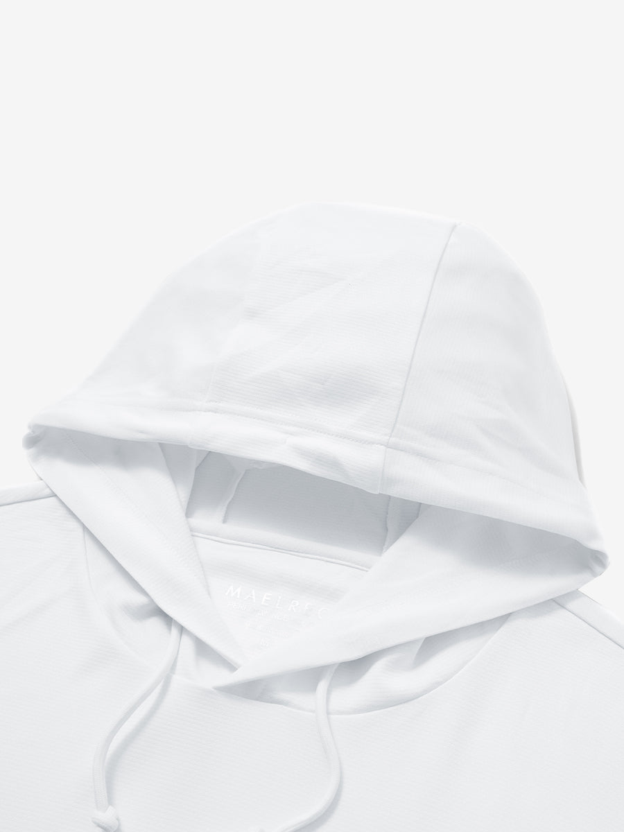 Hood detail of the classic heather pullover hoodie in white, showcasing fabric and stitching.