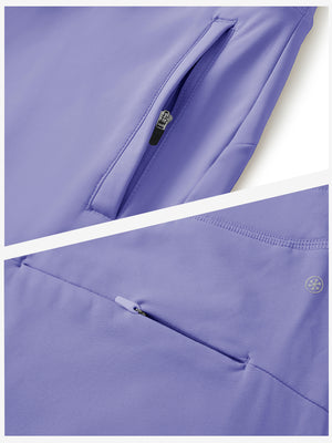Detailed view of the front side pocket on women's stretch fleece lined water resistant joggers in lavender, showing stitching and design.