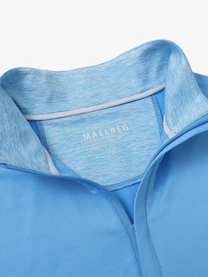 Close-up of collar and interior logo detail on SKY BLUE Stretch Solid Fleece Quarter-Zip Vest.								
