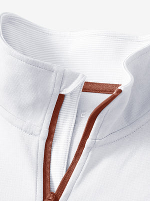 Detail shot of collar opening of white moisture wicking quarter zip pullover