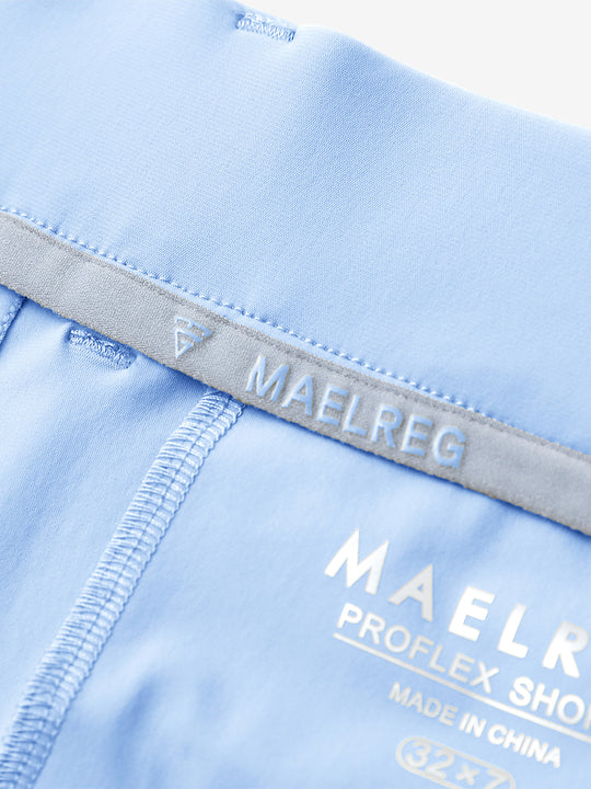 Inside view of Light Blue Quick Dry Casual Shorts, showcasing MAELREG logo label detail.