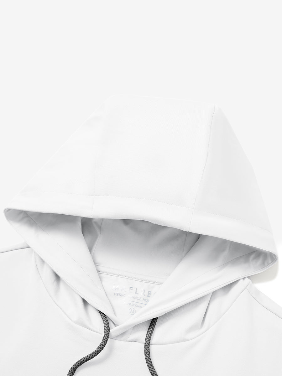 Detailed shot of hoodie and collar connection on casual solid fleece hoodies pullover in white.