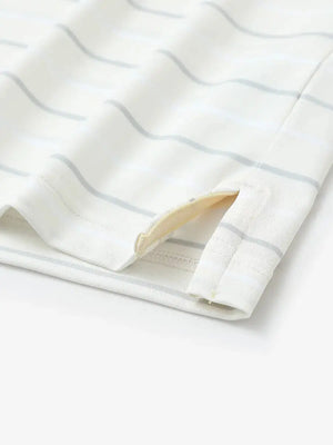 Hem detail of trendy boys stripe polo shirts, fine finish with subtle beige stripe touch