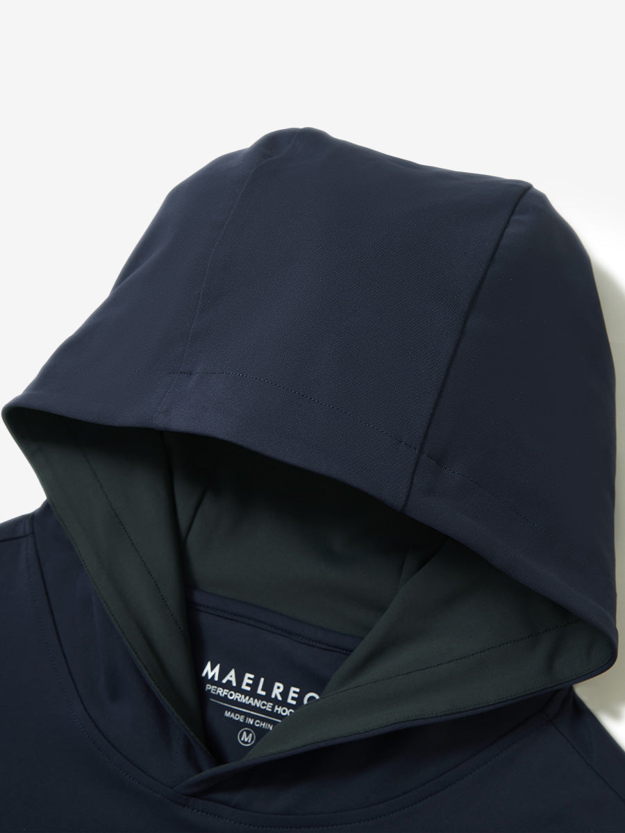 Hood detail of the navy dry fit stretchy sweatshirts hoodie, showing smooth fabric and neat seams.