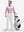 Full-body shot of model with a golf bag in pink white tee performance quick dry print golf polos