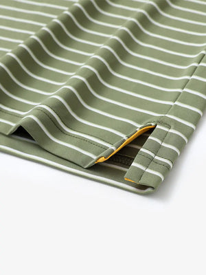 Hem slit detail on LIGHT GREEN/WHITE STRIPE Polo with soft green finish