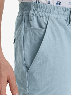 Close-up of front pocket on Performance Water Resistant Pants in POWDER BLUE，highlighting pocket design.