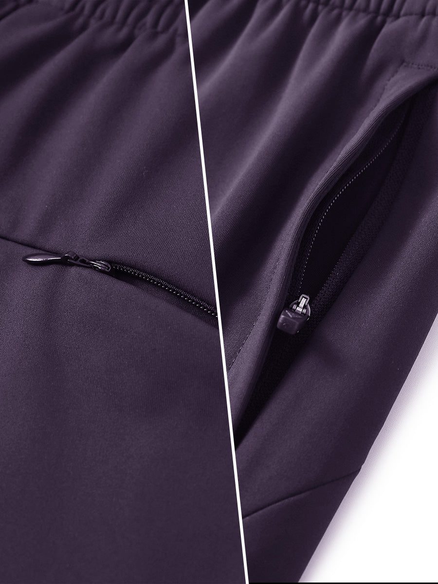 Two-part detail of lightweight women's stretchy joggers sweatpants zippers shown in dark purple.