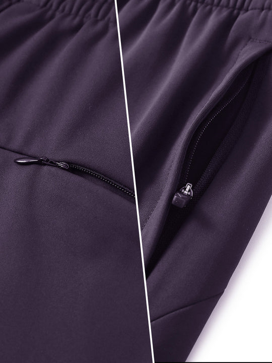 Two-part detail of lightweight women's stretchy joggers sweatpants zippers shown in dark purple.
