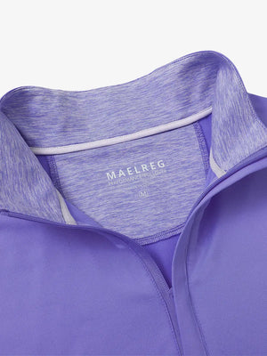 Close-up of collar and interior logo detail on LAVENDER Stretch Solid Fleece Quarter-Zip Vest.								
