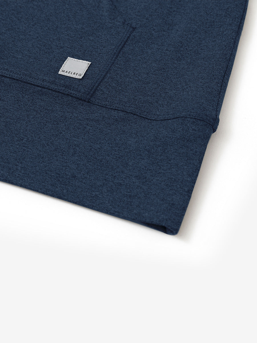Hemline detail of the Quarter Zip Hoodie in Cobalt Heather, showing neat edges and fine craftsmanship.