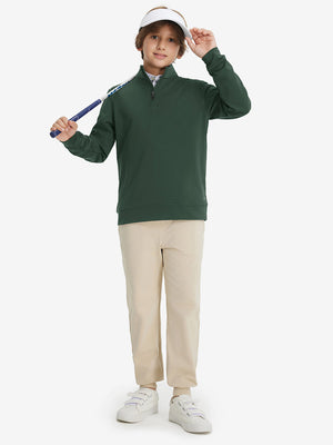 Full body model holding a golf club, styled in youth winter micro-fleece quarter zip pullover with forest green