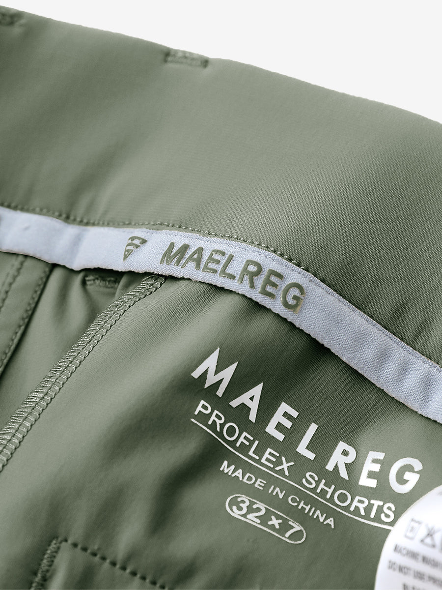 Inside view of Olive Green Quick Dry Casual Shorts, showcasing MAELREG logo label detail.