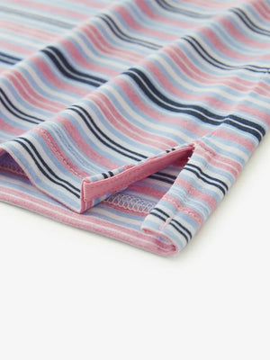 Hem slit detail of PINK BLUE STRIPE Performance Yarn Dye Striped Polo highlighting stitching and finish