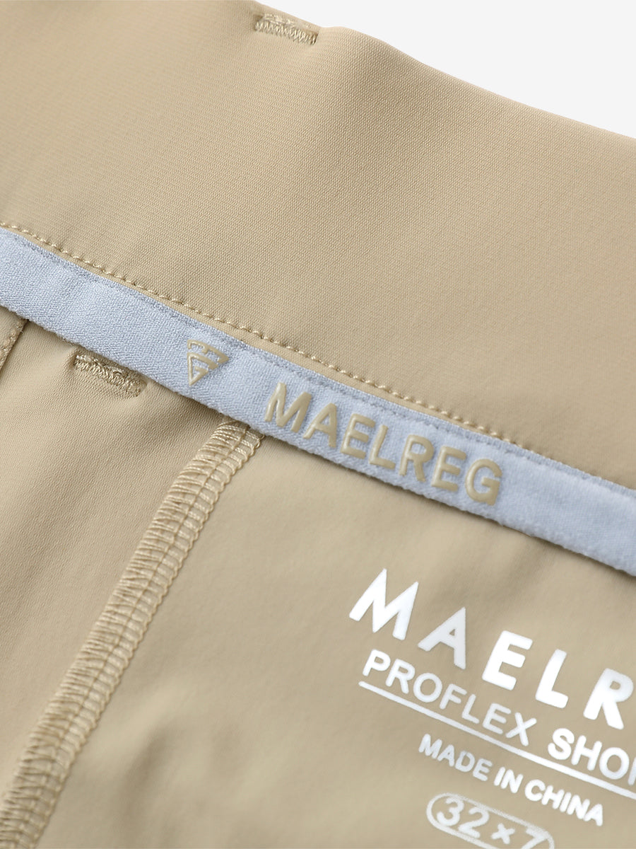Inside view of Khaki Quick Dry Casual Shorts, showcasing MAELREG logo label detail.