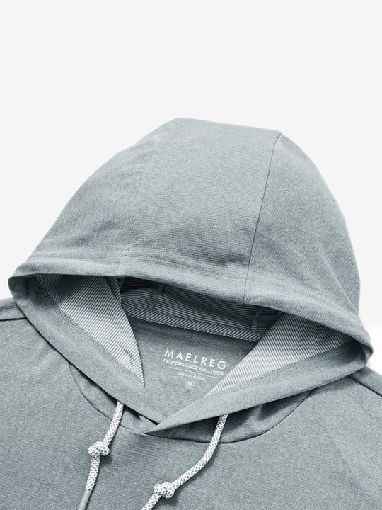 Hood detail of the classic heather pullover hoodie in lunar rock melange, showcasing fabric and stitching.